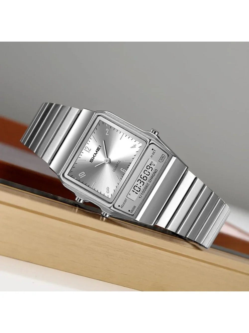 Unisex Silver Digital Analog Retro Square Stainless Steel Stopwatch Wrist Watch